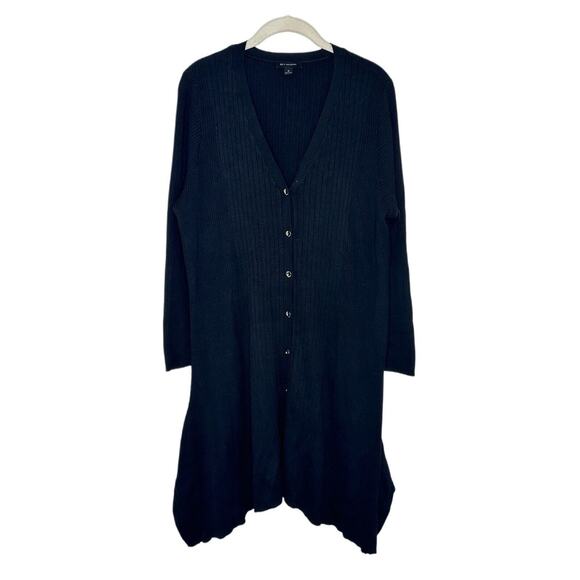H by Halston Women’s Black Ribbed V Neck Button Cardigan Asymmetrical Hem Sz 1X - Picture 1 of 6